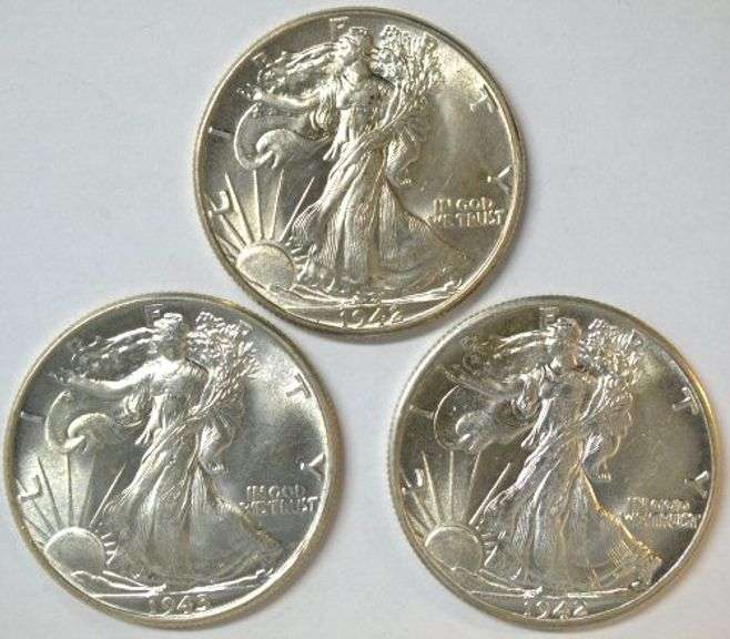 3 Gem BU 1942 Walking Liberty Half Dollars Flashy