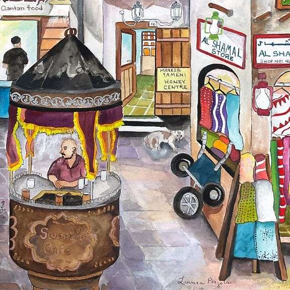"Souq Waqif Hand Signed Original Painting with Letter of Authenticity. by Linnea Pergola