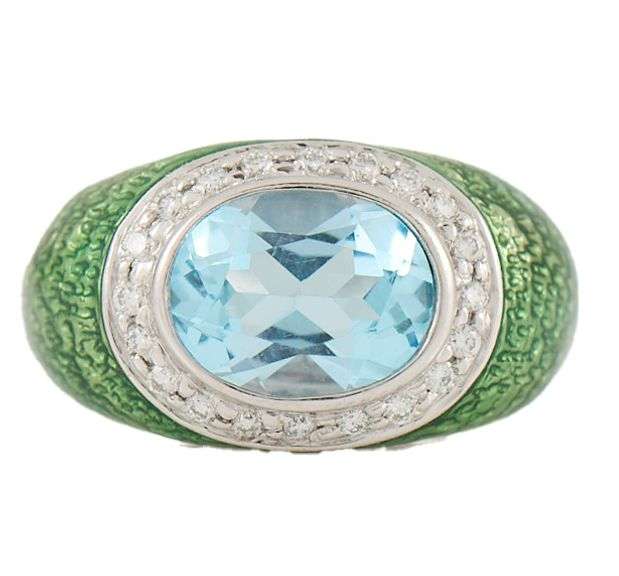 Hidalgo Blue Topaz Green Enamel and 0.35ctw Diamond Frame Ring in 18K