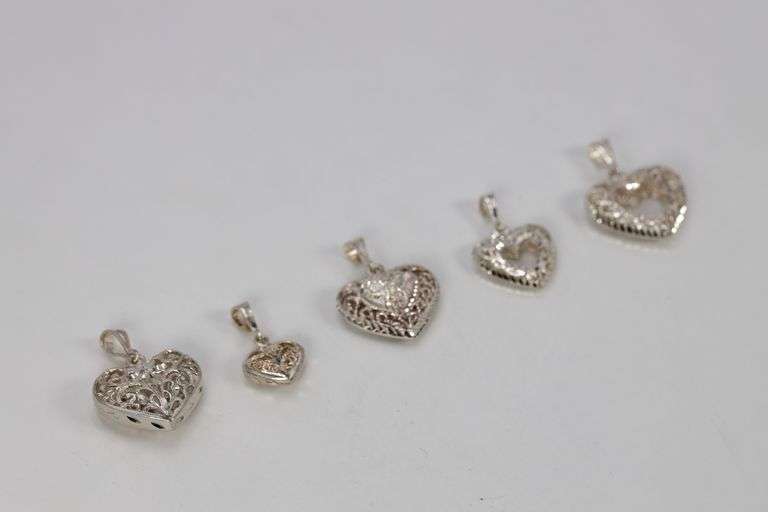 .925 Sterling Silver Filigree Heart Charm Set Lot of 5 Charms/Pendants