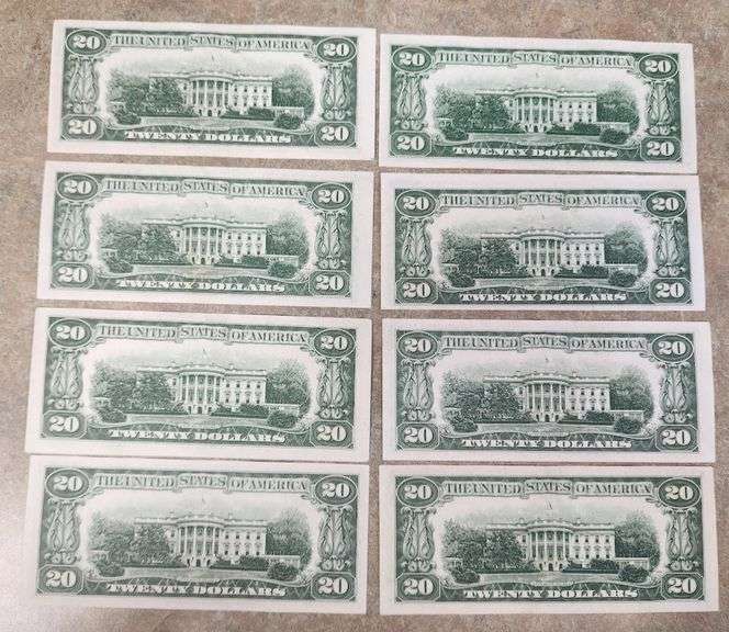 Lot Of 8 1950A UNC $20 Federal Reserve Notes, (Read Description)