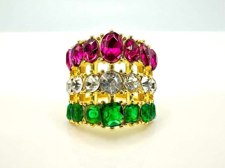 14 Kt. Yellow Gold Plate 12.5  Ctw Simulated Diamond, Pink Ruby and Emerald Ring
