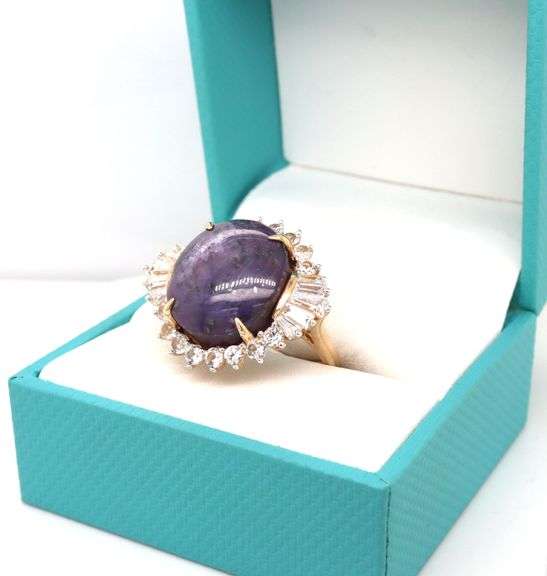 Enamoring Huge 23.96CTS Oval Cabochon-Cut Ruby & 2.53CTW Baguette & Round Faceted White Sapphire Rin