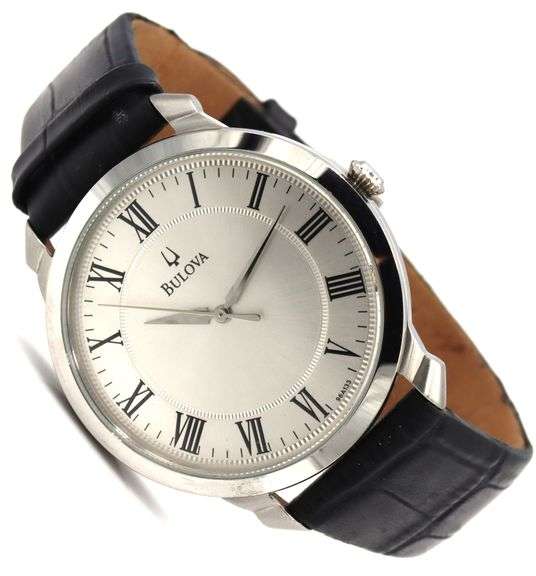 Bulova classic 3-hands quartz Roman dial on black leather strap watch