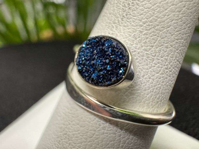 Sterling Silver 925 Titanium Coated Druzy Agate Crystal Stone Ring Adjustable Spoon Band
