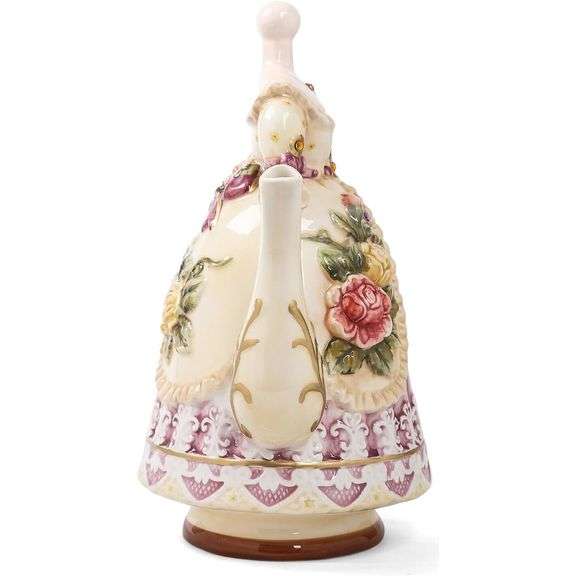 Hand-Painted Ceramic Teapot with Embossed Rose Design