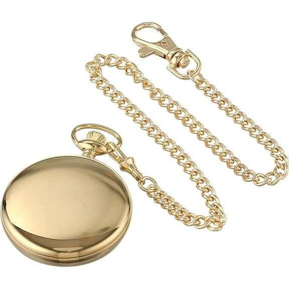 14K Gold-Plated Open Face Pocket Watch with Chain
