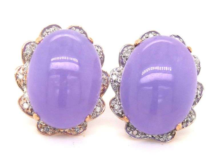 14kt Yellow gold oval Lavender Jade and diamond earrings