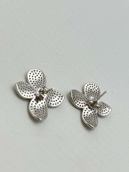 9250Sterling Silver Crystal Pave Four Petal Floral Motif Earrings
