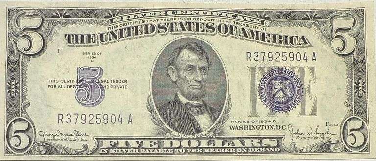 $5 Uncirculated 1934 D Silver Certificate.