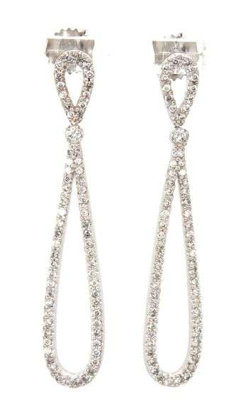 14kt White gold 0.70ctw double tear drop diamond dangle earrings
