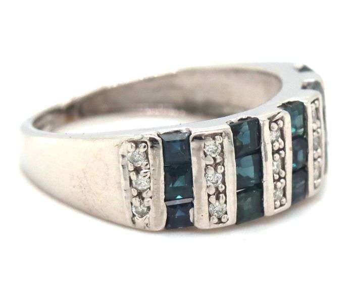 14kt White gold channel set square sapphire and diamond ring