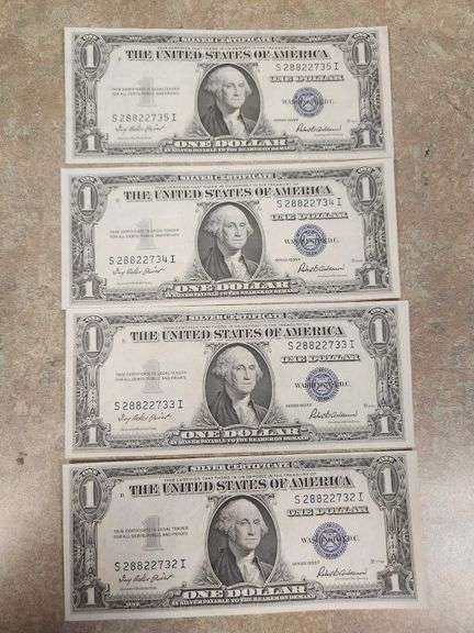 3 Lots Of 4 (12 Notes Total) Consecutive Silver Certificates, UNC