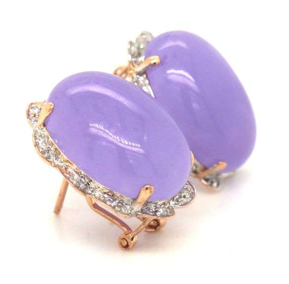 14kt Yellow gold oval Lavender Jade and diamond earrings