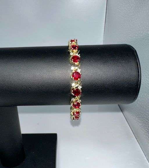 Beautiful 14 Kt Yellow Gold Plated Lab Simulated 16.5 Cttw Red Ruby Diamond Tennis Bracelet