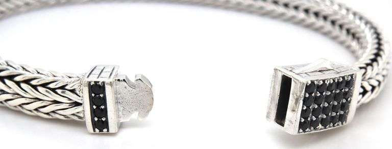 Heavy 925 sterling silver byzantine bracelet with black cubic zirconia clasp