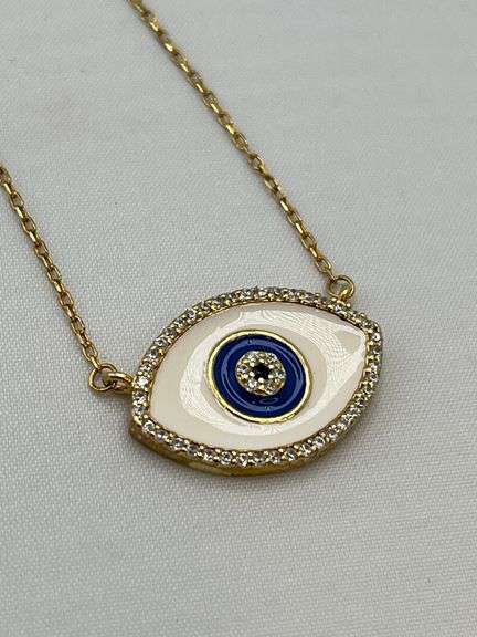 925 Gold Tone Sterling Silver Evil Eye White Enamel Blue Eye Center Pendant With Chain Necklace