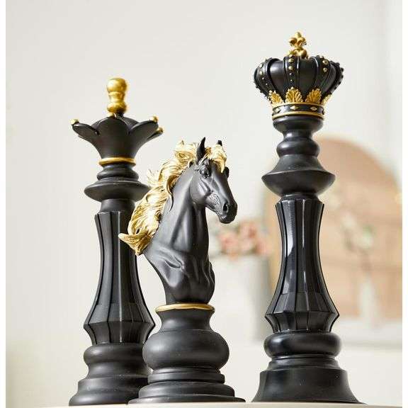 3 Large Black with Gold Chess Pieces