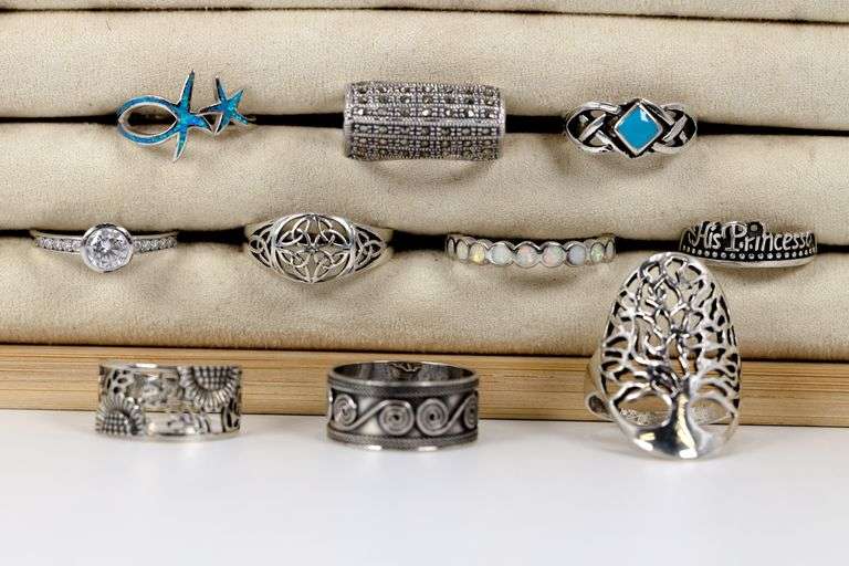 Sterling Silver .925 Curated Lot of 10 Rings Various Sizes & Styles