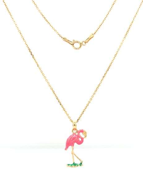 14kt Yellow gold Enameled Flamingo pendant on chain