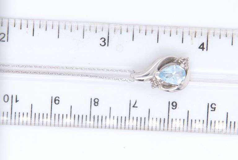 Set of White Gold Pear Shaped Blue Stone and Diamond Necklace and Earrings