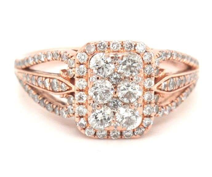 10kt Rose gold 1ctw diamond halo cluster square ring