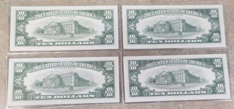 Lot of 4 Consecutive $10 U.S. Federal Reserve Notes, UNC