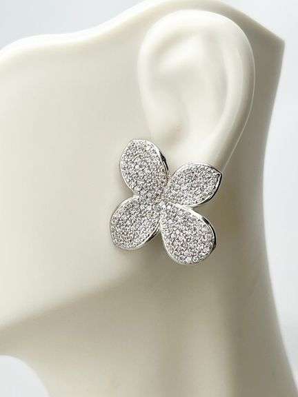 9250Sterling Silver Crystal Pave Four Petal Floral Motif Earrings