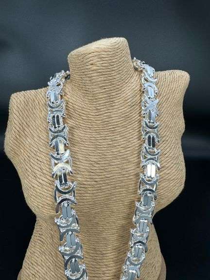 Sterling Silver Byzantine Flat Link Chain 17.5mm 925 Italy Heavy Necklace 24"