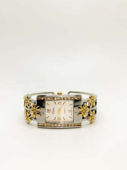 Beautiful Two-Tone Cuff Watch Bracelet with Gemstones