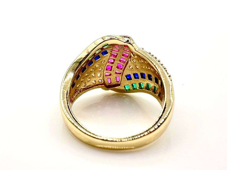 14 Kt. Gold Plate 4.75 Cwt. Simulated Diamond Ruby, Sapphire, and Emerald Ring