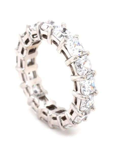 Sparkling 14K WG Anniversary Band with Asscher Cut CZ's.