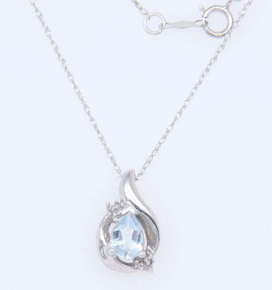Set of White Gold Pear Shaped Blue Stone and Diamond Necklace and Earrings