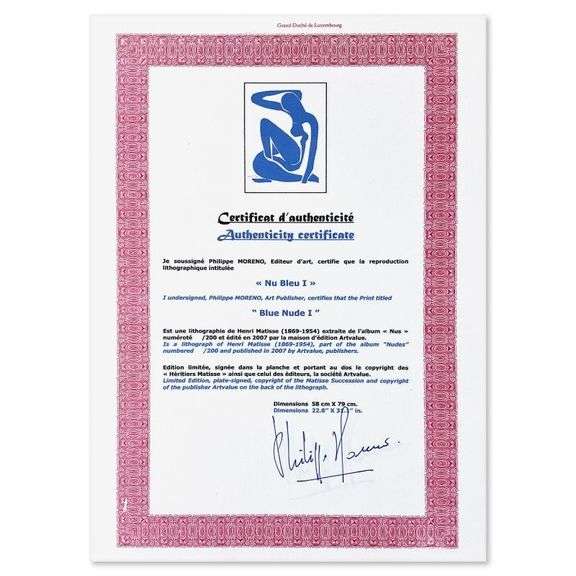 "Nu Bleu I" by Henri Matisse 1869-1954 (After)