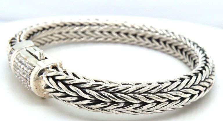 Heavy 925 sterling silver byzanitne bracelet with cubic zirconia clasp