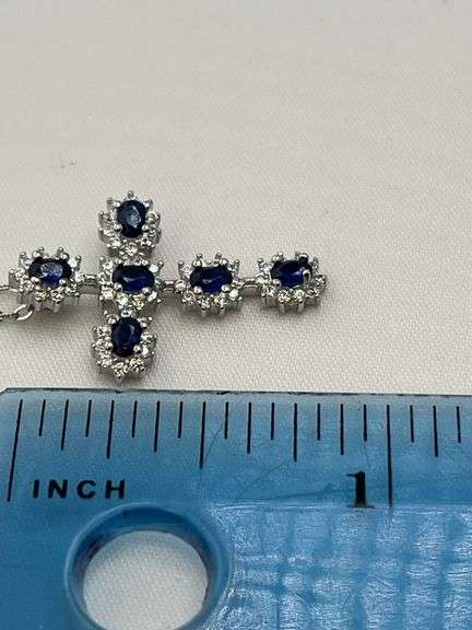 925 Sterling Silver Blue Sapphire Color And Rhinestone Cross Pendant And Chain Necklace