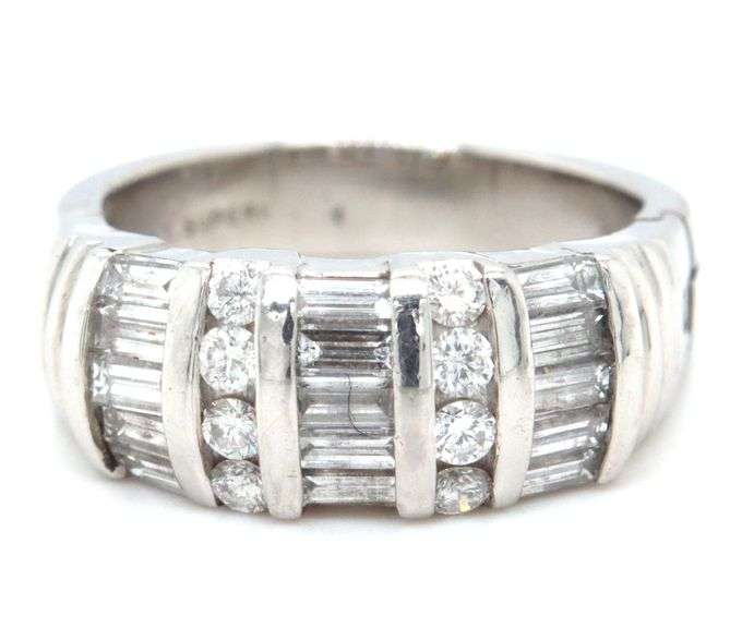 Platinum 1ctw baguette and round diamond wide band