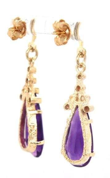 14kt Yellow gold teardrop amethyst dangle earrings
