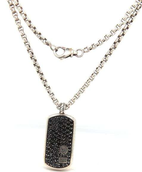 David Yurman black diamond Dog tag pendant on chain necklace