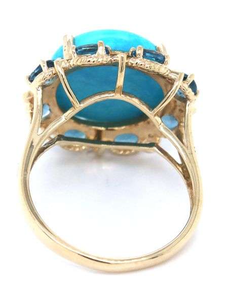 10kt Yellow gold turquoise and oval topaz and diamond halo ring