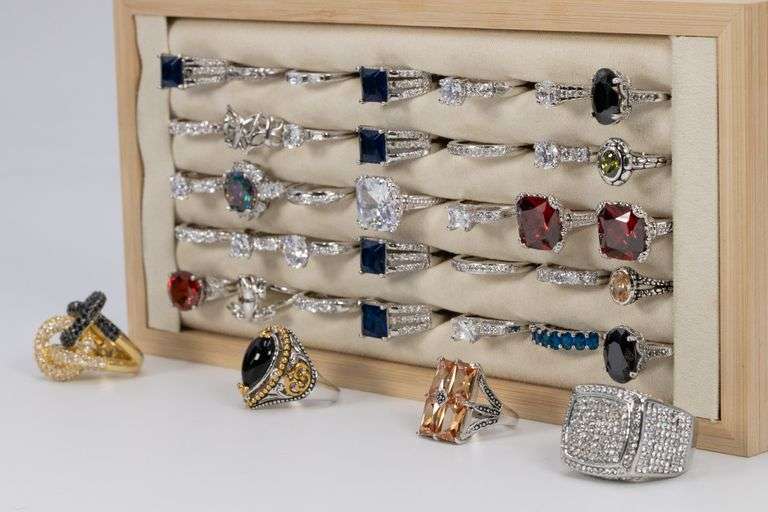 39 Rhodium Plated Brass Ring Lot Various Styles & Sizes w/ CZ Stones