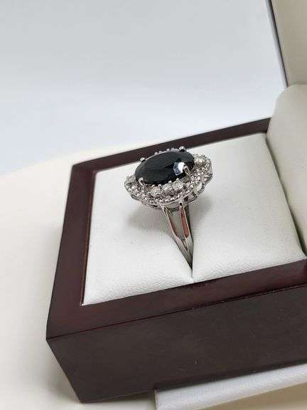 Very fine Black diamond 7.43 ctw with diamond accent set in silver ring, EGL certified