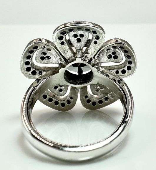 Lovely 14 Kt White Gold Plate 7 Ct Black Diamond Moissanite Flower Ring