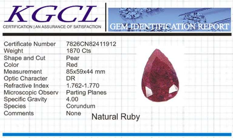 Magnificent Certified Museum Size 1870 Ct Natural Red Ruby Solitaire