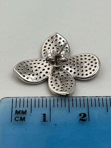 9250Sterling Silver Crystal Pave Four Petal Floral Motif Earrings