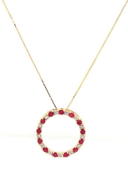 14kt Yellow gold ruby and diamond circle pendant on chain