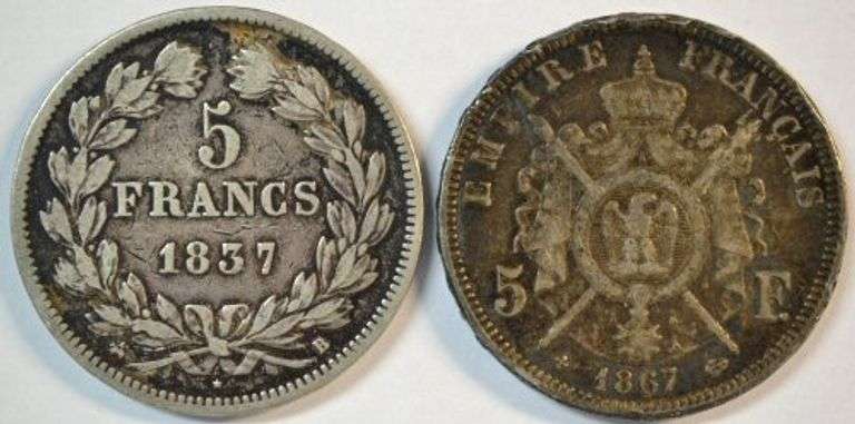 Scarcer 1837 & 1867 France 5 Francs Silver coins