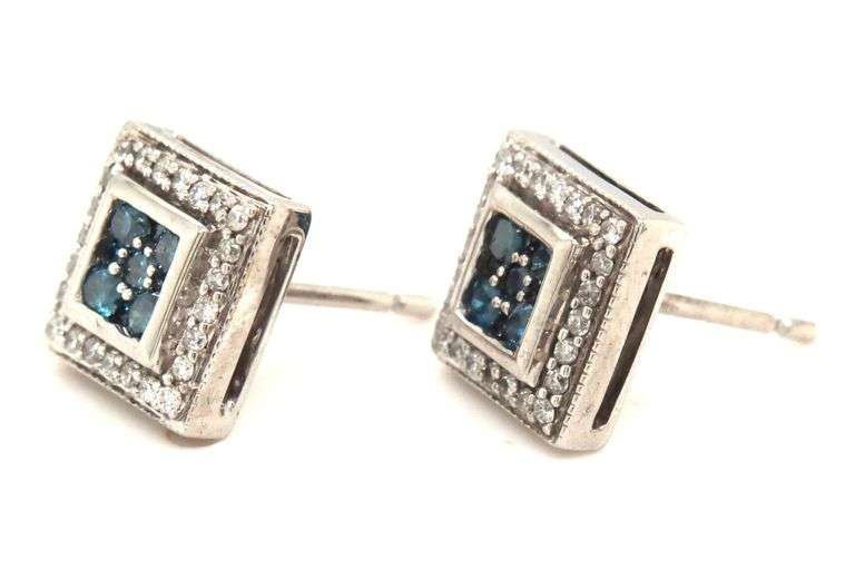 14kt White gold IR teal and white diamond earrings
