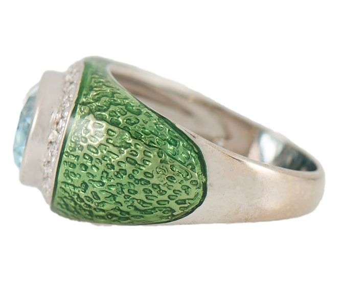 Hidalgo Blue Topaz Green Enamel and 0.35ctw Diamond Frame Ring in 18K