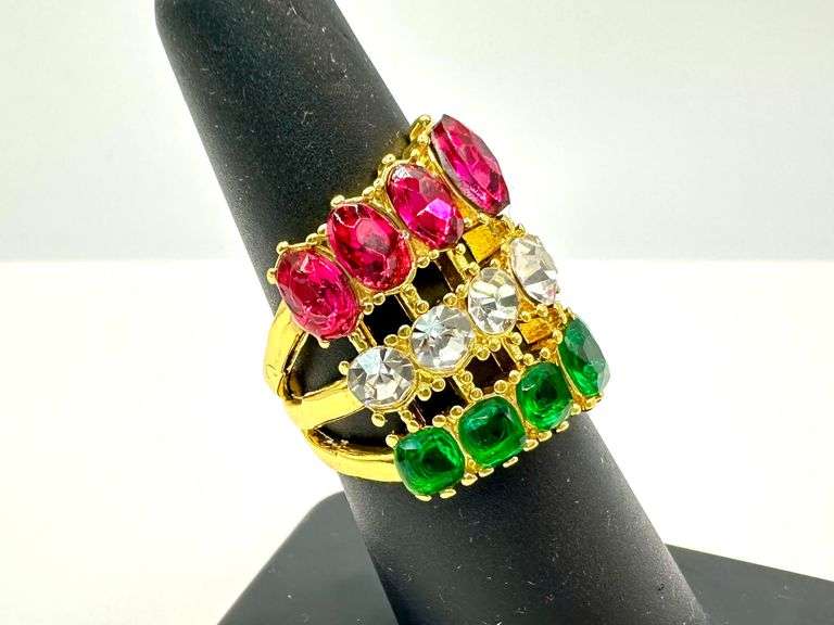 14 Kt Gold Plate Sparkling 17.5 Ctw Simulated Diamond Pink Sapphire and Emerald Ring